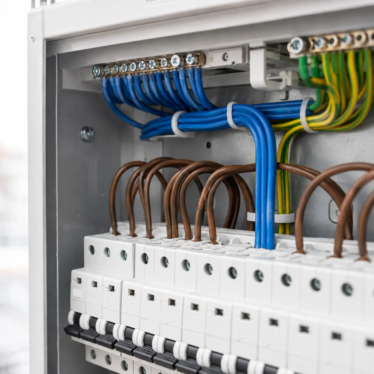 Close-up of electrical wiring in a consumer unit