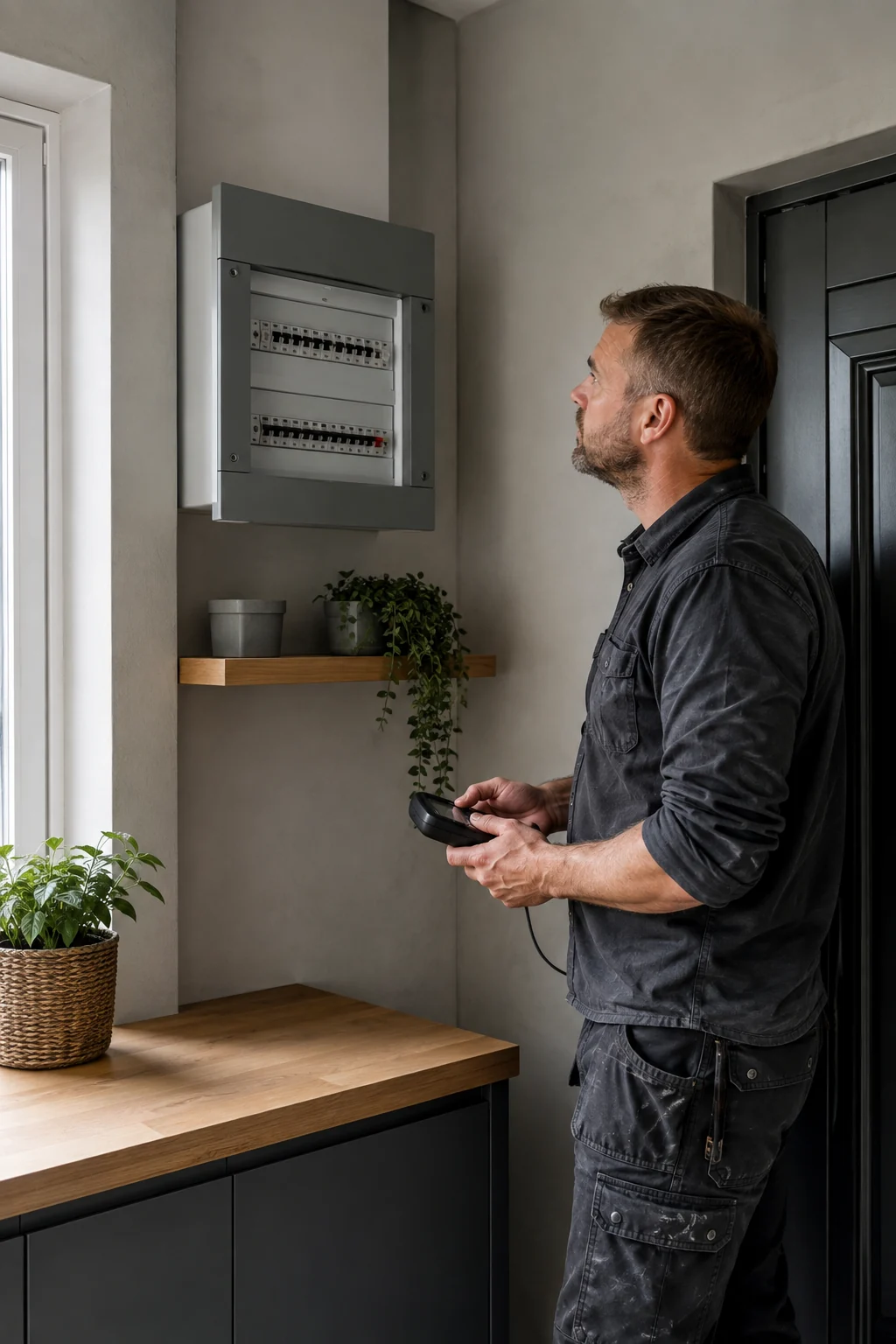 Illustration of an electrician inspecting a domestic consumer unit
