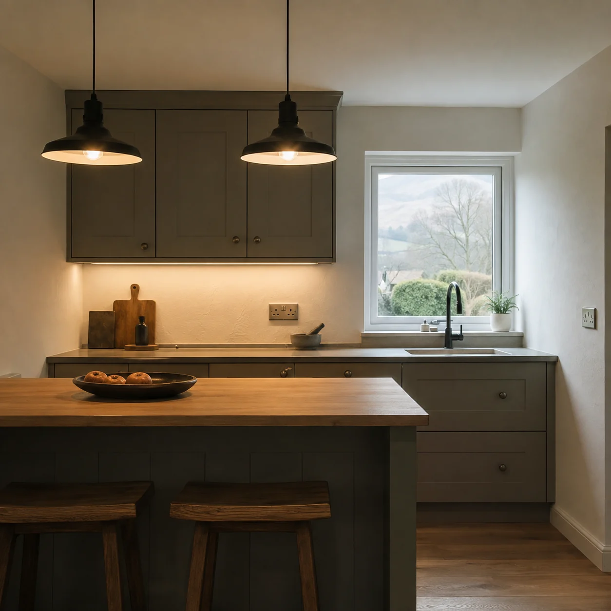 Warm pendant and under-cabinet lighting in a contemporary British kitchen