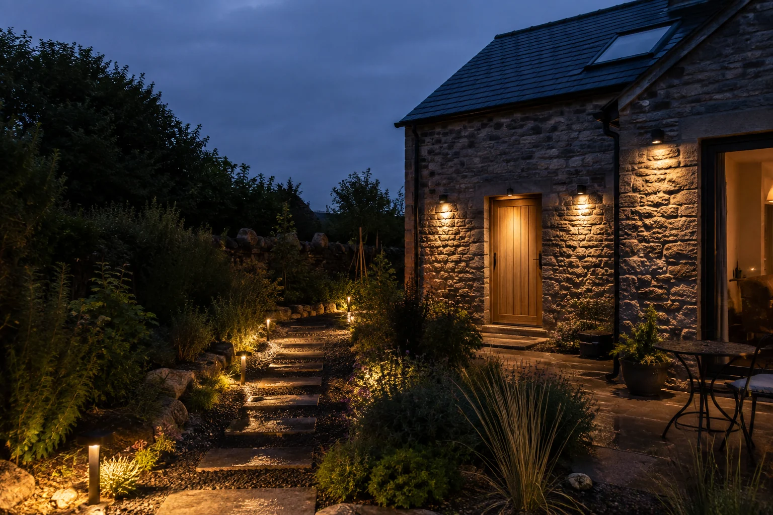 Stone home with illuminated garden paths and outdoor lighting